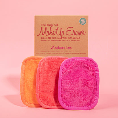 Weekenders Pink 3-Day Set MakeUp Eraser cloths next to packaging.