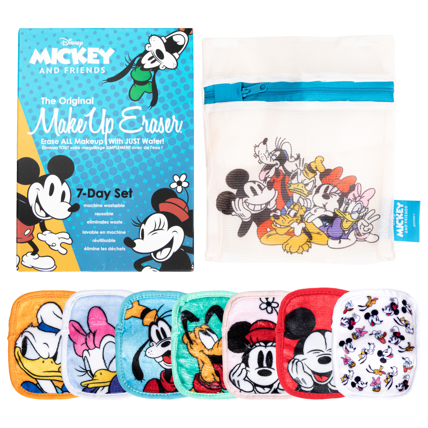 Mickey & Friends 7-Day Set packaging next to Mickey & Friends 7-Day Set Makeup Eraser cloth and laundry bag.