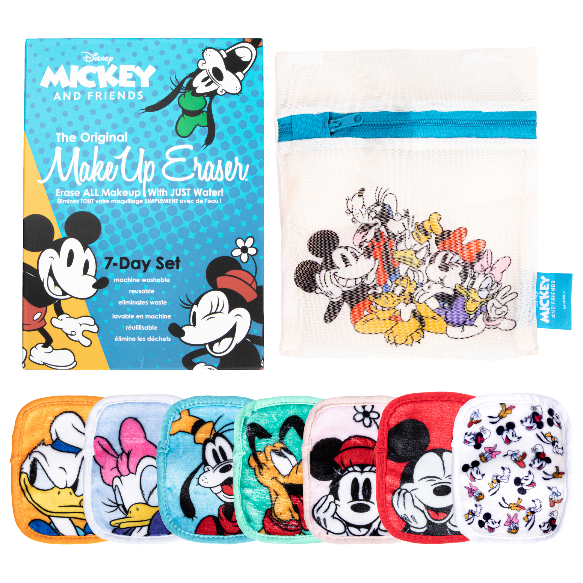 Mickey & Friends 7-Day Set packaging next to Mickey & Friends 7-Day Set Makeup Eraser cloth and laundry bag.