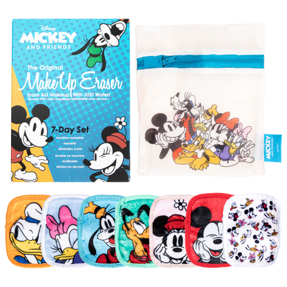 Mickey & Friends 7-Day Set packaging next to Mickey & Friends 7-Day Set Makeup Eraser cloth and laundry bag.